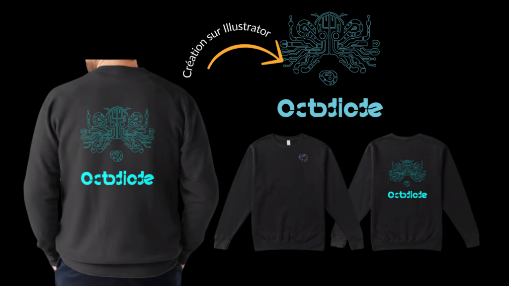 Design graphique pour Octodiode.com, incluant un logo futuriste et son application sur des vêtements promotionnels.