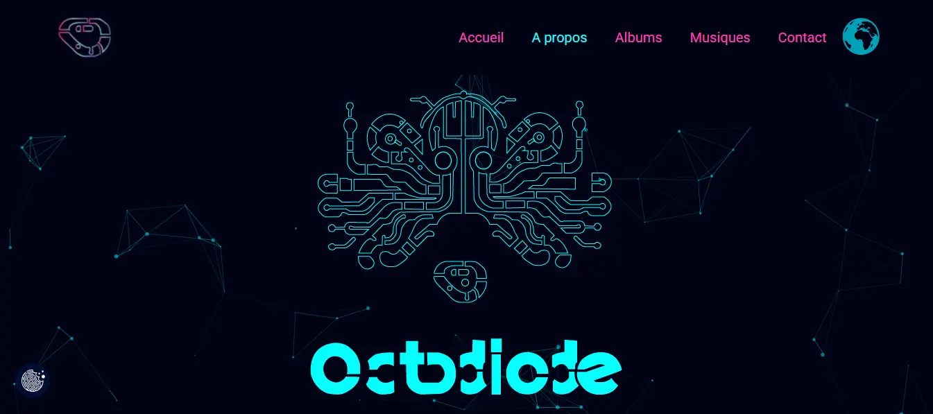 Capture d'écran de la page d'accueil du site Octodiode.com, mettant en avant un design futuriste et technologique conçu par Fadi'Com.