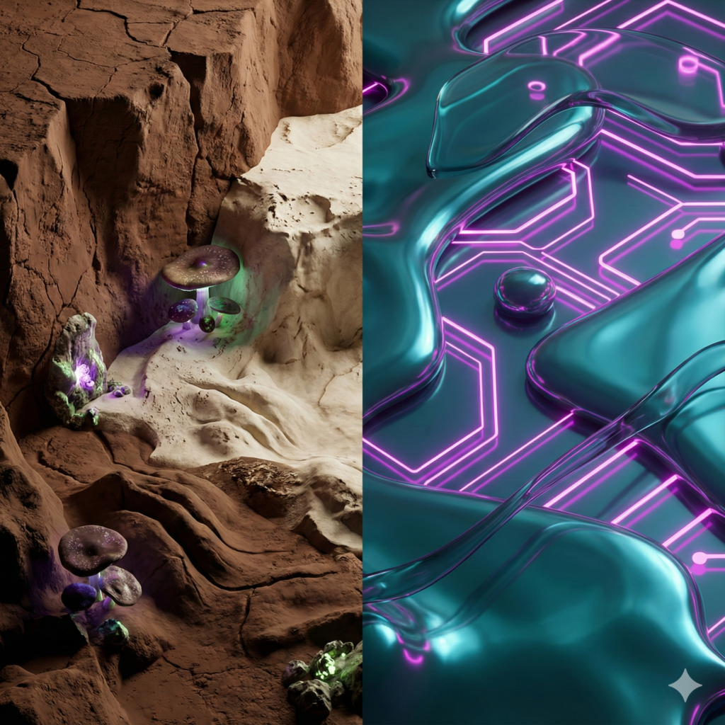 la fusion entre le naturel (Bio) et le synthétique (Numérique) via les couleurs clés.